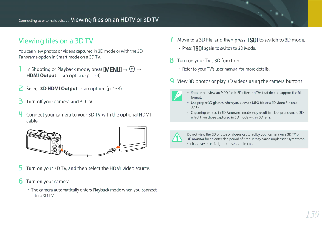 Samsung EV-NX300MBSVDE, EV-NX300MBQUDE, EV-NX300MBSTDE, EV-NX300MBMUDE, EV-NX300MBMTDE manual 159, Viewing files on a 3D TV 