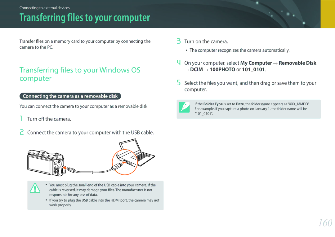 Samsung EV-NX300MBSTTR 160, Transferring files to your Windows OS computer, Connecting the camera as a removable disk 