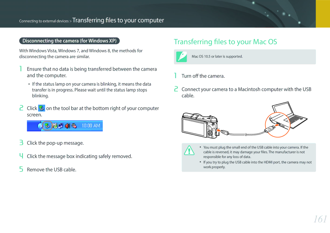 Samsung EV-NX300MBQURU, EV-NX300MBQUDE 161, Transferring files to your Mac OS, Disconnecting the camera for Windows XP 