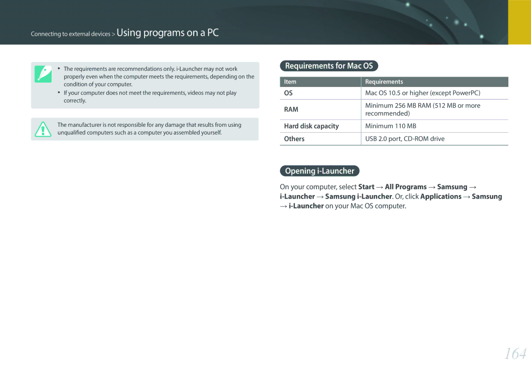 Samsung EV-NX300MBSVRU, EV-NX300MBQUDE 164, Requirements for Mac OS, Opening i-Launcher, Launcheron your Mac OS computer 