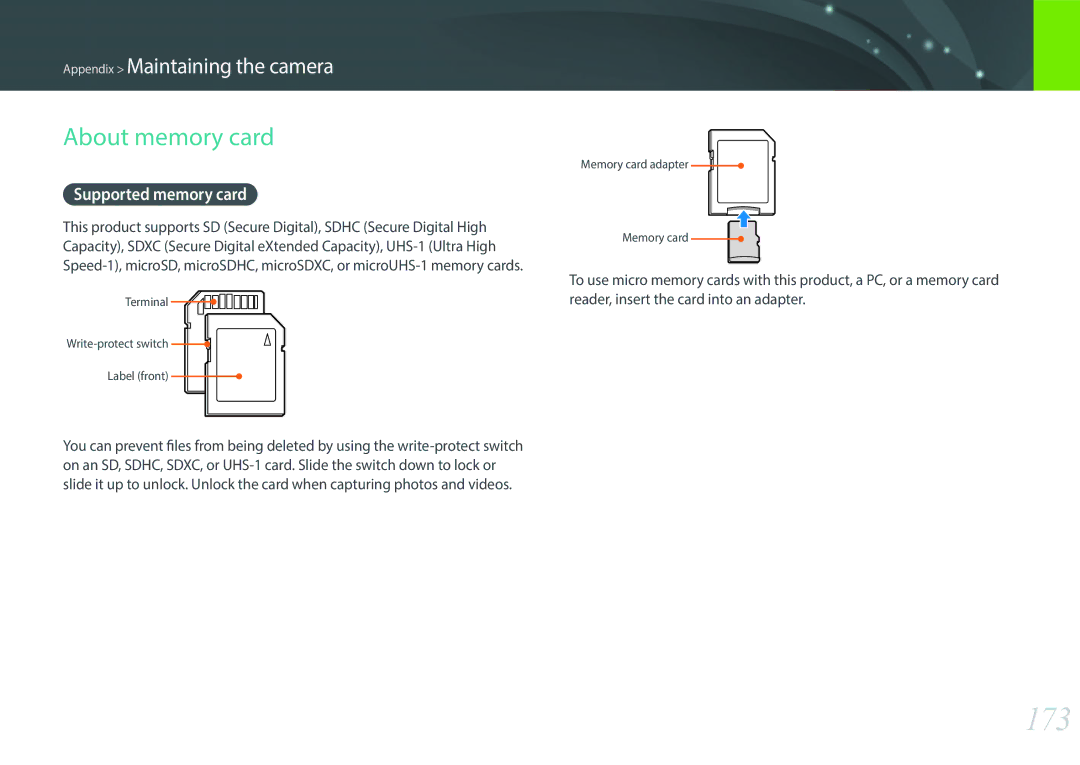 Samsung EV-NX300MBSTSE, EV-NX300MBQUDE, EV-NX300MBSTDE, EV-NX300MBMUDE manual 173, About memory card, Supported memory card 