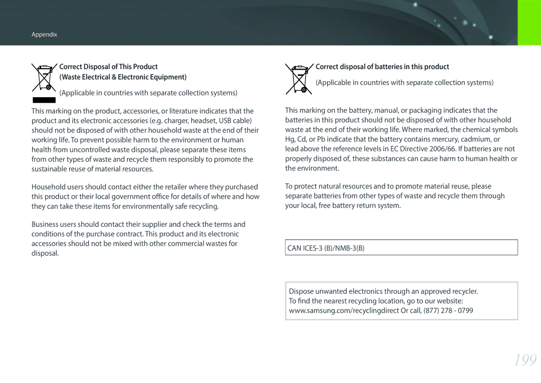 Samsung EV-NX300MBMUDE, EV-NX300MBQUDE, EV-NX300MBSTDE manual 199, Applicable in countries with separate collection systems 