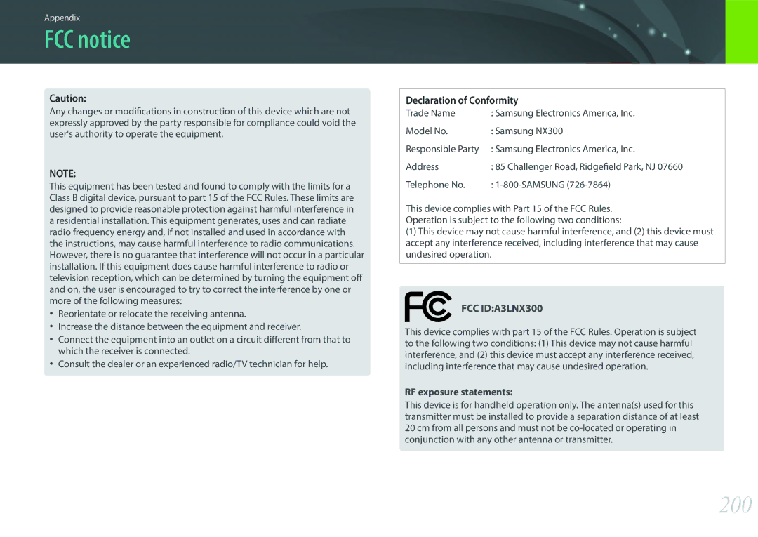 Samsung EV-NX300MBMTDE, EV-NX300MBQUDE, EV-NX300MBSTDE manual FCC notice, 200, Telephone No Samsung, RF exposure statements 