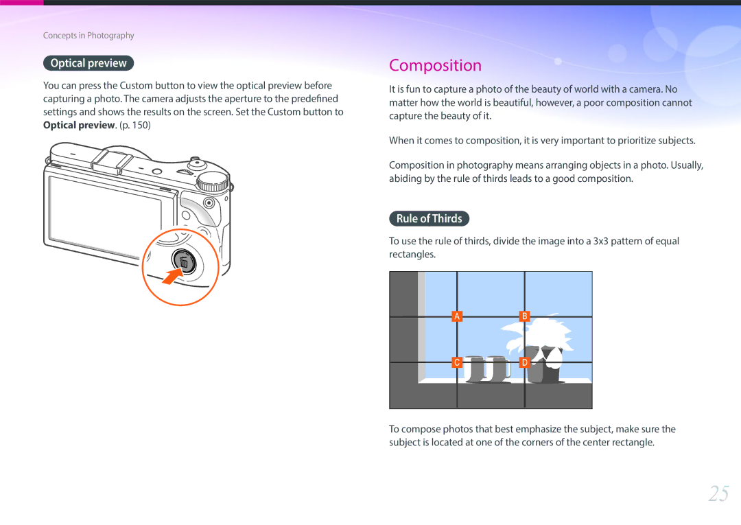 Samsung EV-NX300MBMVDE, EV-NX300MBQUDE, EV-NX300MBSTDE, EV-NX300MBMUDE, EV-NX300MBMTDE manual Optical preview, Rule of Thirds 