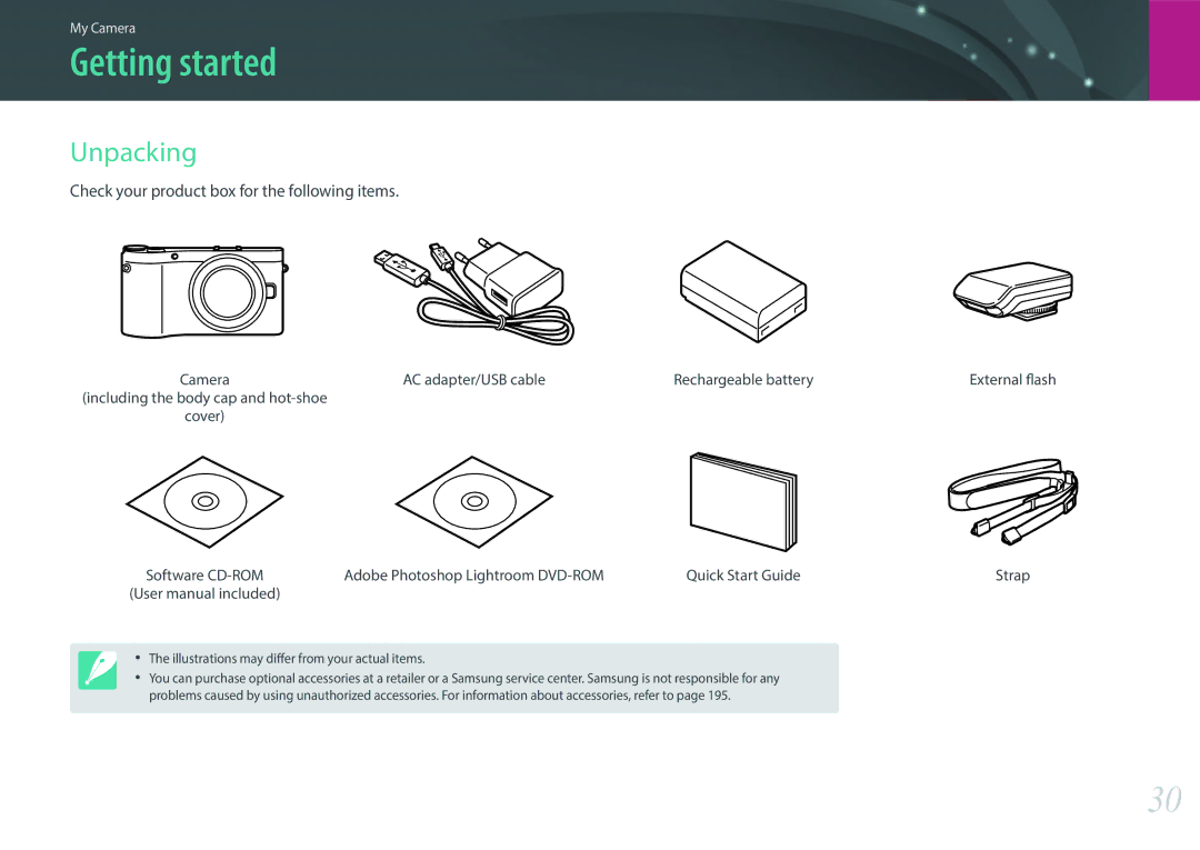 Samsung EV-NX300MBPUSA, EV-NX300MBQUDE manual Getting started, Unpacking, Check your product box for the following items 