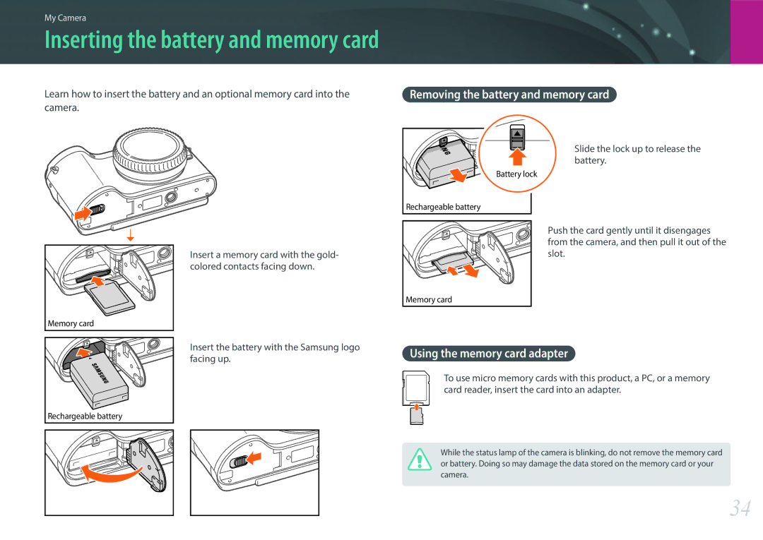 Samsung EV-NX300MBSTRU manual Removing the battery and memory card, Slide the lock up to release the battery, Facing up 