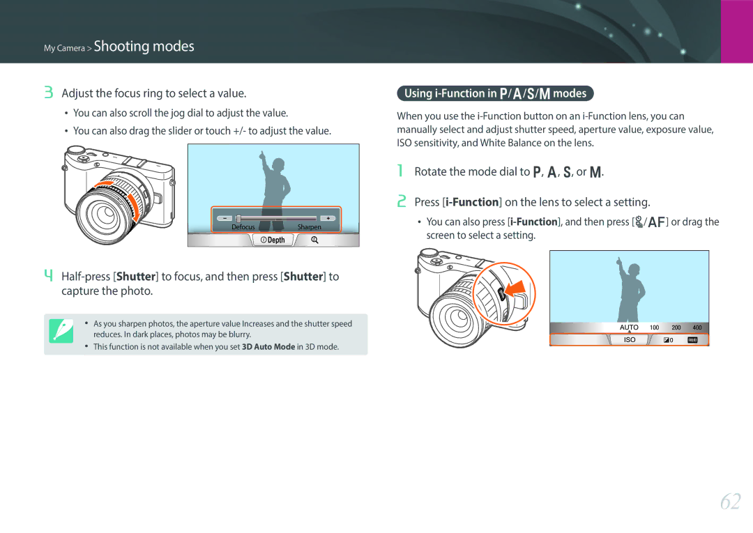 Samsung EV-NX300MBSVSE, EV-NX300MBQUDE manual Adjust the focus ring to select a value, Using i-Function in P/A/S/M modes 