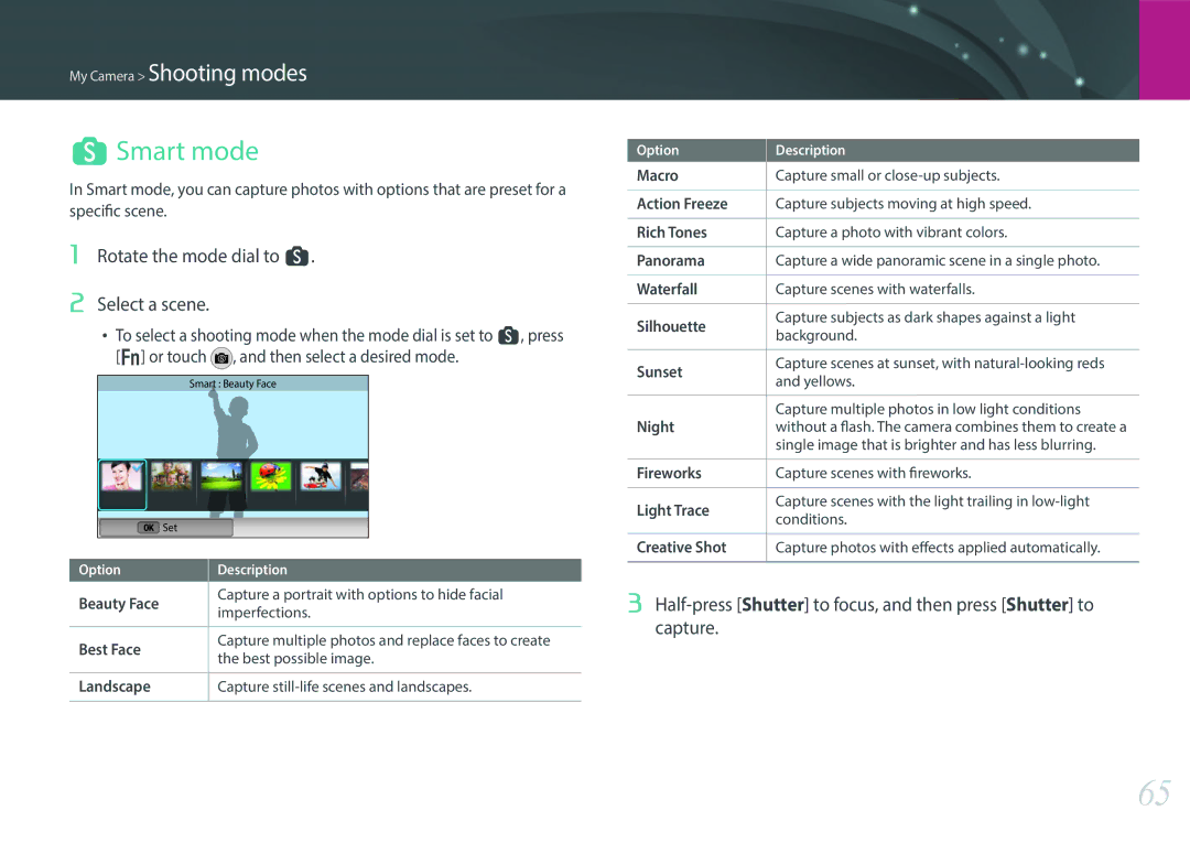 Samsung EV-NX300MBQUDE, EV-NX300MBSTDE, EV-NX300MBMUDE, EV-NX300MBMTDE Smart mode, Rotate the mode dial to s Select a scene 