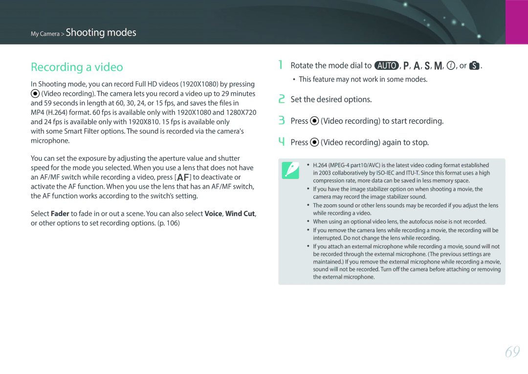 Samsung EV-NX300MBMVDE, EV-NX300MBQUDE, EV-NX300MBSTDE Recording a video, Rotate the mode dial to t, P, A, S, M, i, or s 