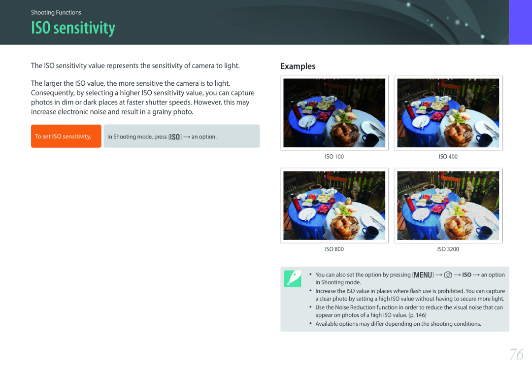 Samsung EV-NX300MBSVRU, EV-NX300MBQUDE, EV-NX300MBSTDE, EV-NX300MBMUDE, EV-NX300MBMTDE manual ISO sensitivity, Examples 