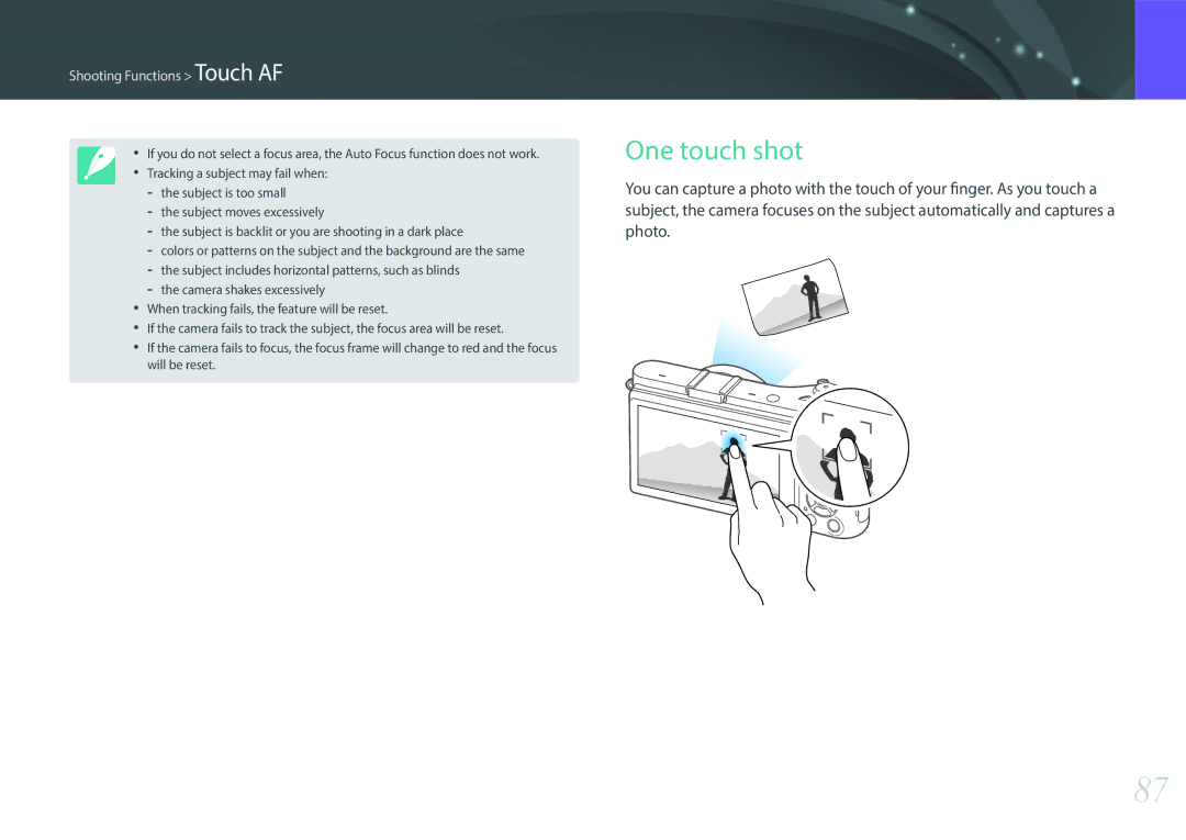 Samsung EV-NX300MBQUDE, EV-NX300MBSTDE, EV-NX300MBMUDE, EV-NX300MBMTDE manual One touch shot, Shooting Functions Touch AF 