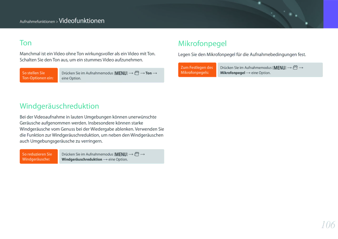 Samsung EV-NX300MBMUDE, EV-NX300MBQUDE, EV-NX300MBSTDE, EV-NX300MBMTDE manual 106, Ton, Windgeräuschreduktion, Mikrofonpegel 