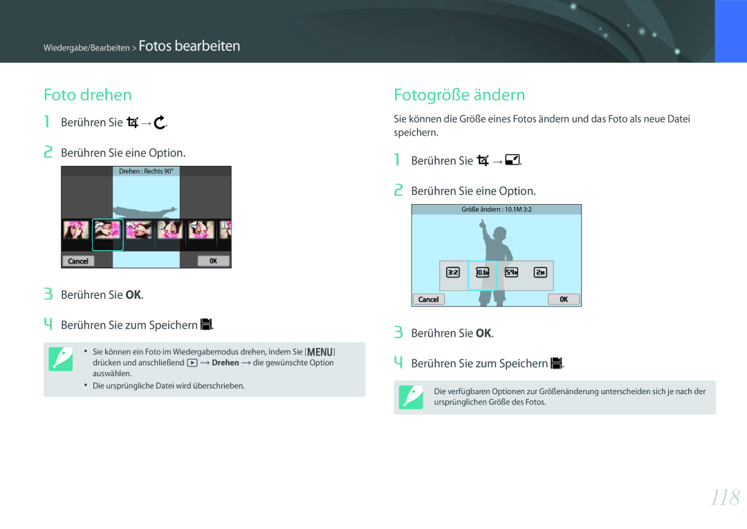 Samsung EV-NX300MBQUDE, EV-NX300MBSTDE manual 118, Foto drehen, Fotogröße ändern, Berühren Sie Berühren Sie eine Option 