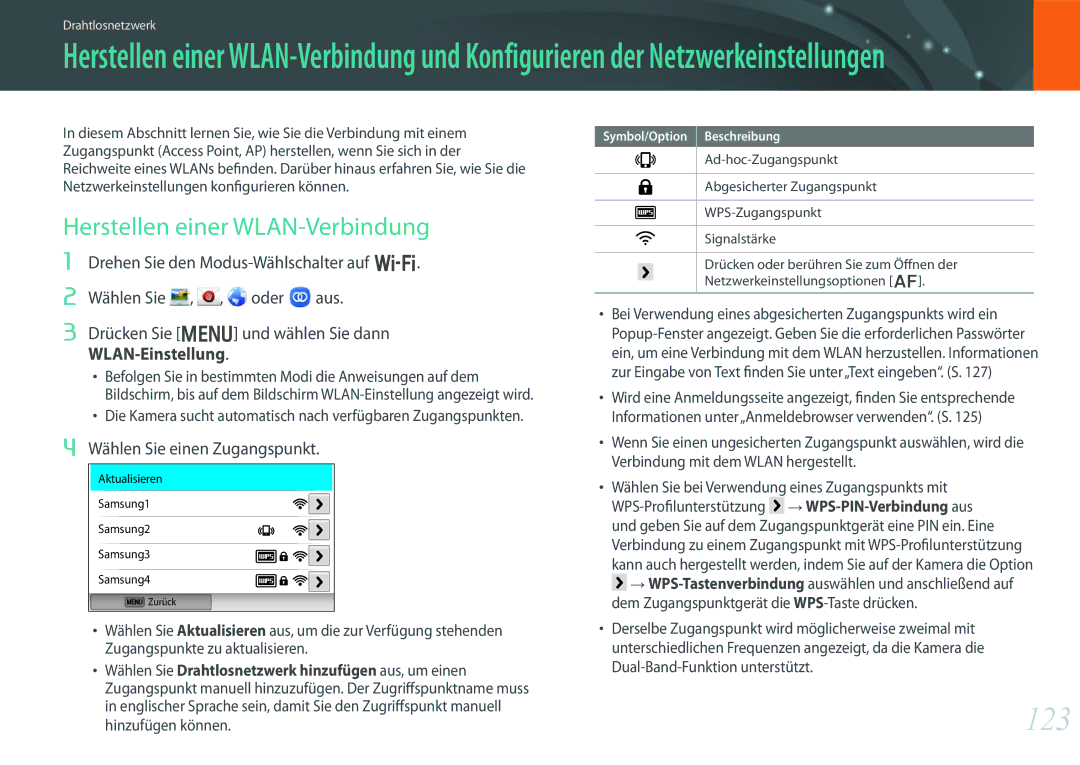 Samsung EV-NX300MBUTDE, EV-NX300MBQUDE, EV-NX300MBSTDE, EV-NX300MBMUDE, EV-NX300MBMTDE 123, Herstellen einer WLAN-Verbindung 