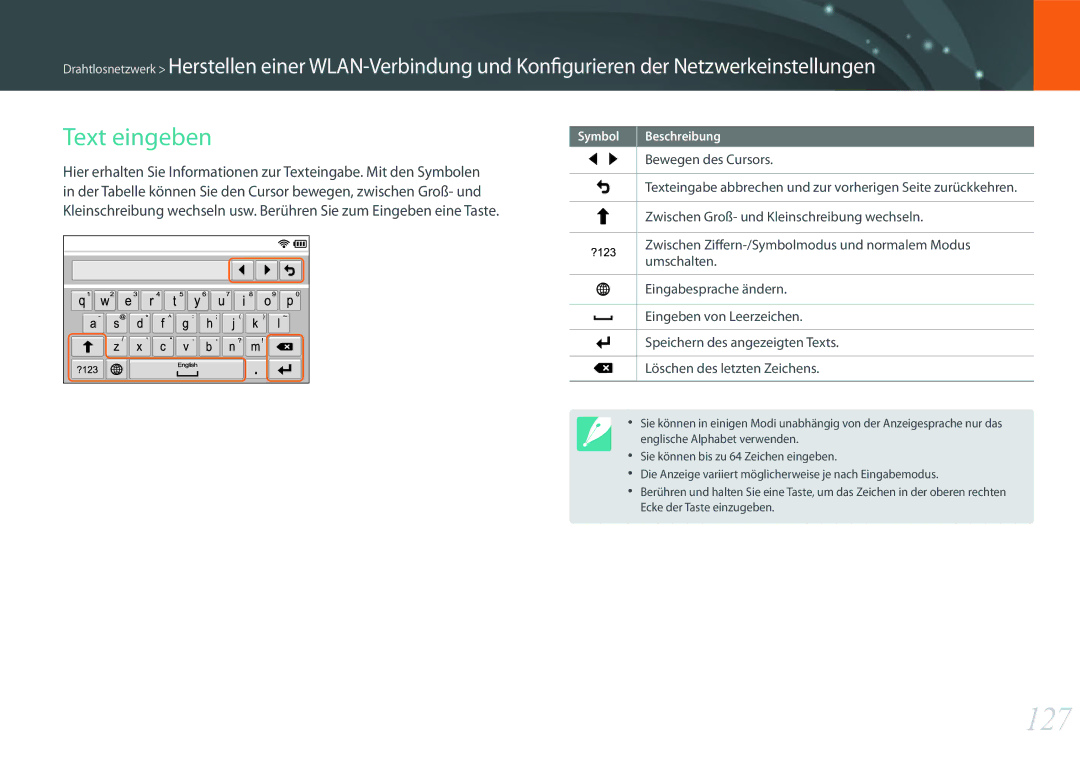 Samsung EV-NX300MBMUDE, EV-NX300MBQUDE, EV-NX300MBSTDE, EV-NX300MBMTDE, EV-NX300MBMVDE, EV-NX300MBUTDE manual 127, Text eingeben 