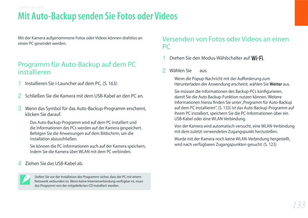 Samsung EV-NX300MBSTDE Mit Auto-Backup senden Sie Fotos oder Videos, 133, Programm für Auto-Backup auf dem PC installieren 