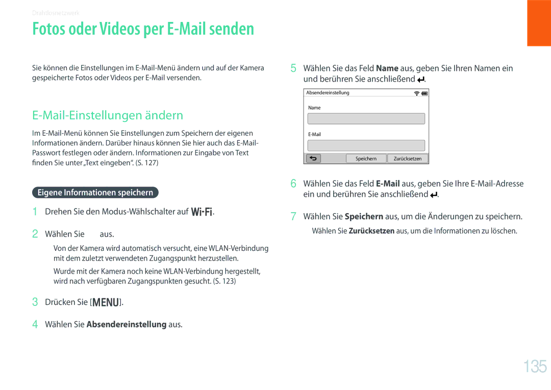 Samsung EV-NX300MBMTDE, EV-NX300MBQUDE manual 135, Mail-Einstellungen ändern, Eigene Informationen speichern, Drücken Sie m 