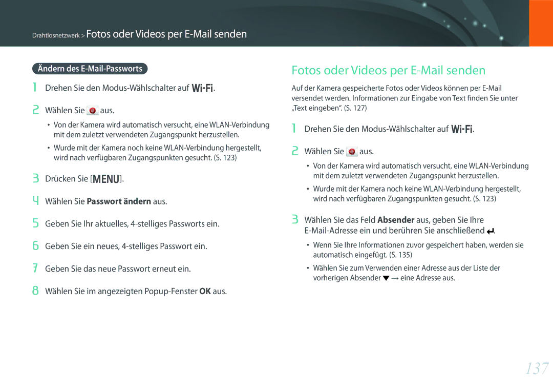 Samsung EV-NX300MBUTDE, EV-NX300MBQUDE manual 137, Fotos oder Videos per E-Mail senden, Ändern des E-Mail-Passworts 