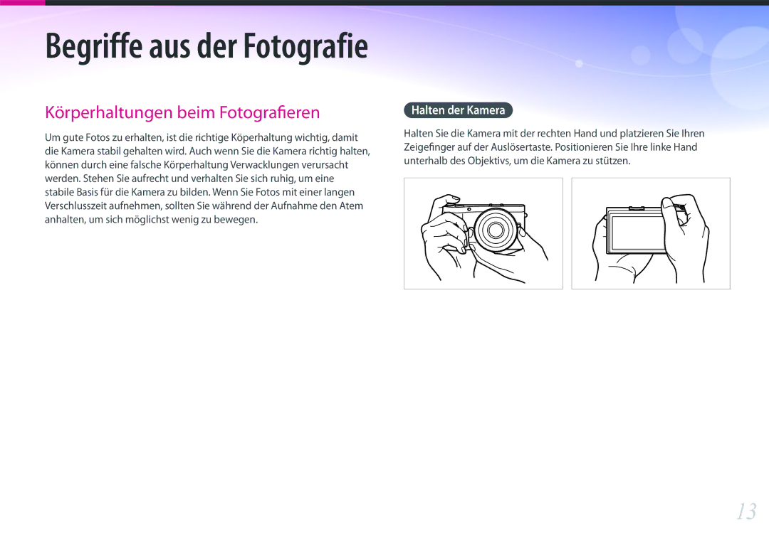 Samsung EV-NX300MBQUDE, EV-NX300MBSTDE, EV-NX300MBMUDE, EV-NX300MBMTDE manual Begriffe aus der Fotografie, Halten der Kamera 