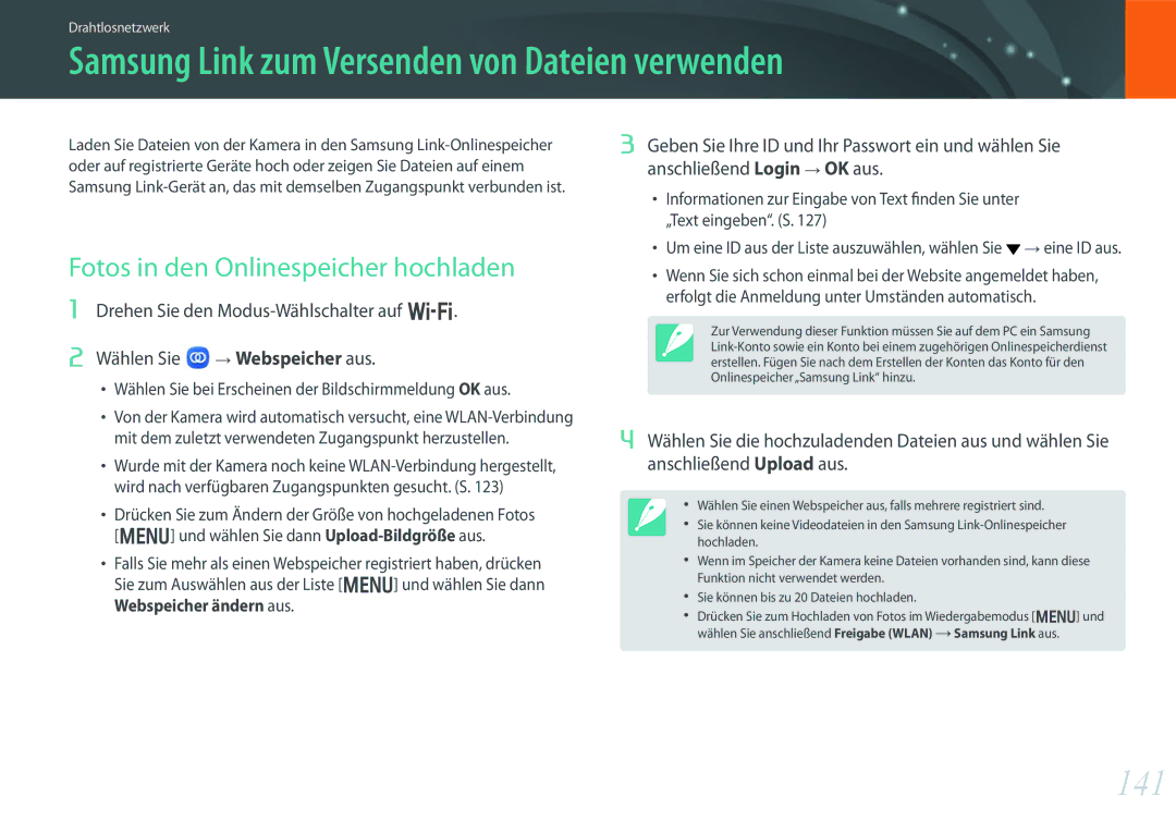 Samsung EV-NX300MBMUDE manual Samsung Link zum Versenden von Dateien verwenden, 141, Fotos in den Onlinespeicher hochladen 