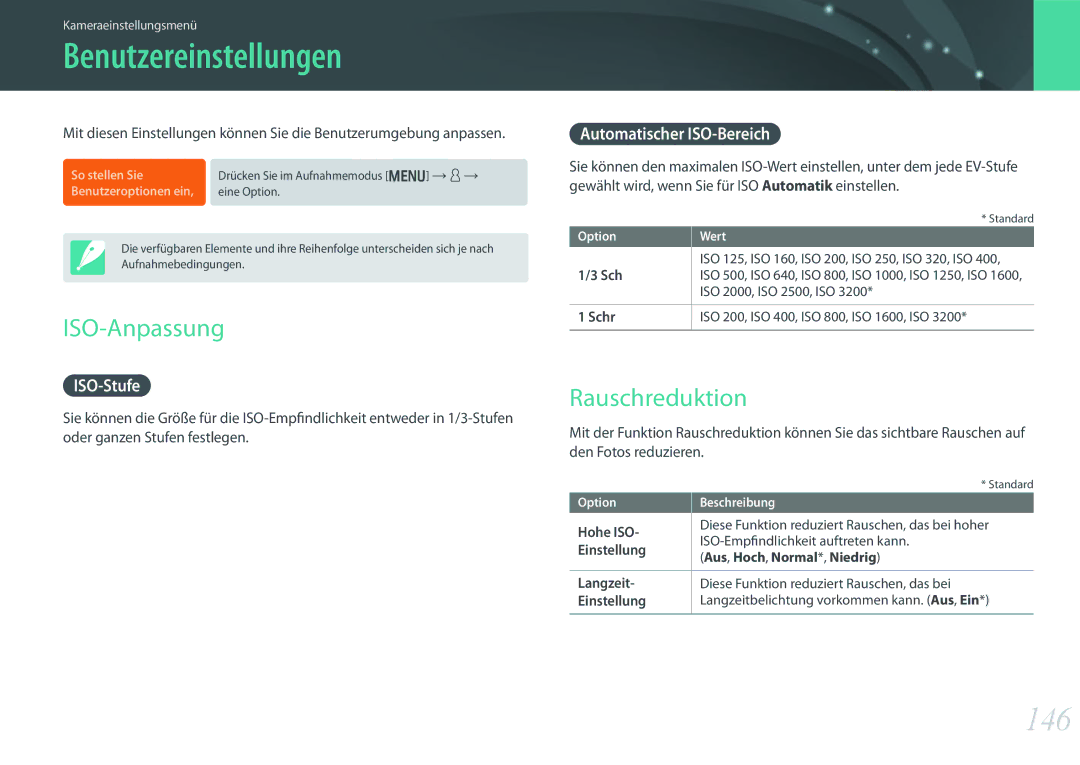 Samsung EV-NX300MBQUDE, EV-NX300MBSTDE, EV-NX300MBMUDE manual Benutzereinstellungen, 146, ISO-Anpassung, Rauschreduktion 