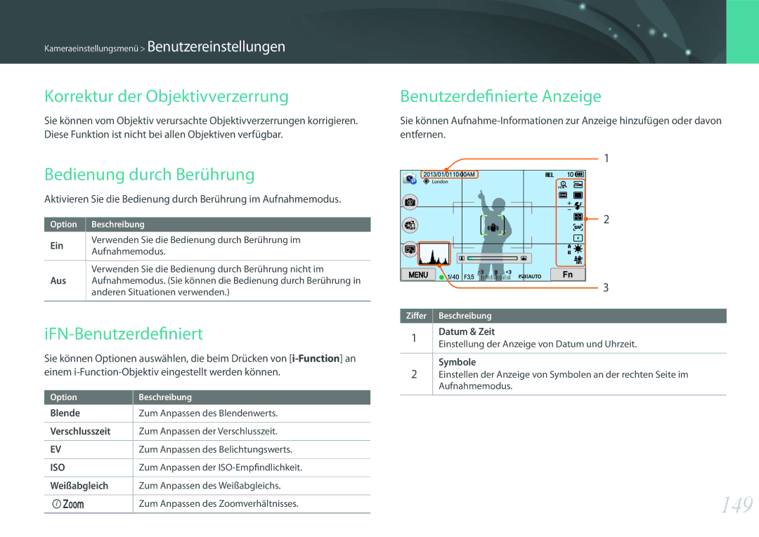 Samsung EV-NX300MBMTDE manual 149, Korrektur der Objektivverzerrung, Bedienung durch Berührung, IFN-Benutzerdefiniert 