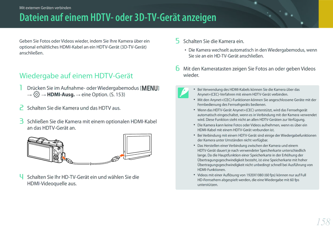 Samsung EV-NX300MBUTDE manual Dateien auf einem HDTV- oder 3D-TV-Gerät anzeigen, 158, Wiedergabe auf einem HDTV-Gerät 