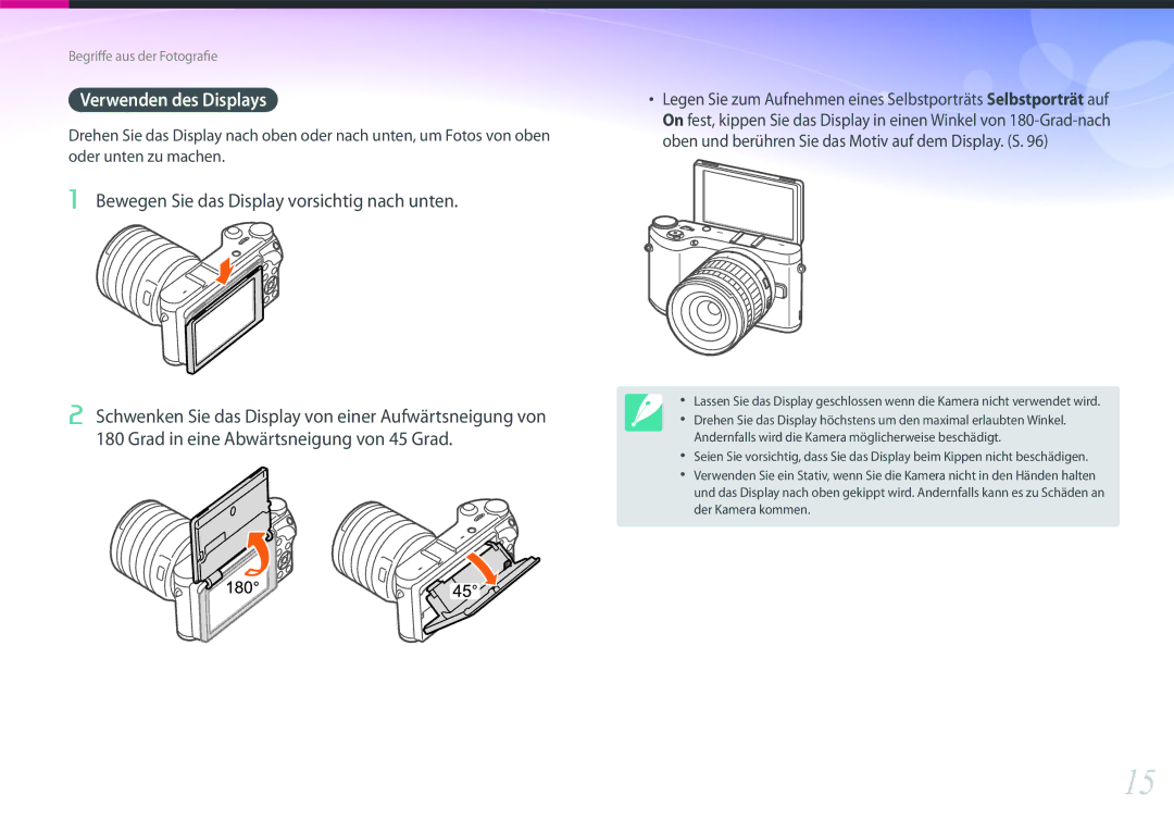 Samsung EV-NX300MBMUDE, EV-NX300MBQUDE manual Verwenden des Displays, Bewegen Sie das Display vorsichtig nach unten 