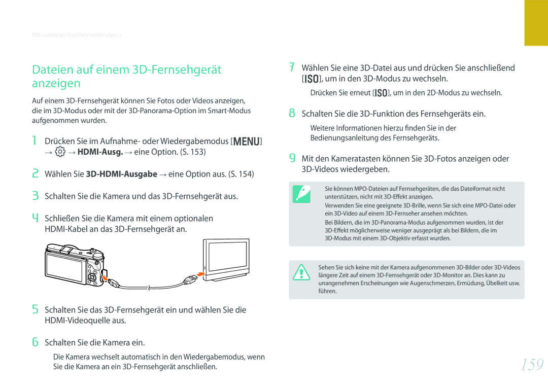 Samsung EV-NX300MBSVDE 159, Dateien auf einem 3D-Fernsehgerät anzeigen, Schalten Sie die 3D-Funktion des Fernsehgeräts ein 