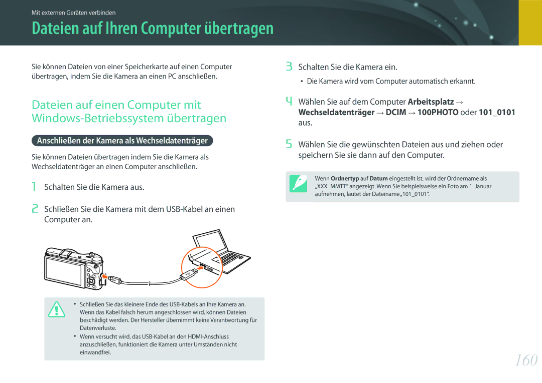 Samsung EV-NX300MBQUDE manual 160, Anschließen der Kamera als Wechseldatenträger, Wählen Sie auf dem Computer Arbeitsplatz 