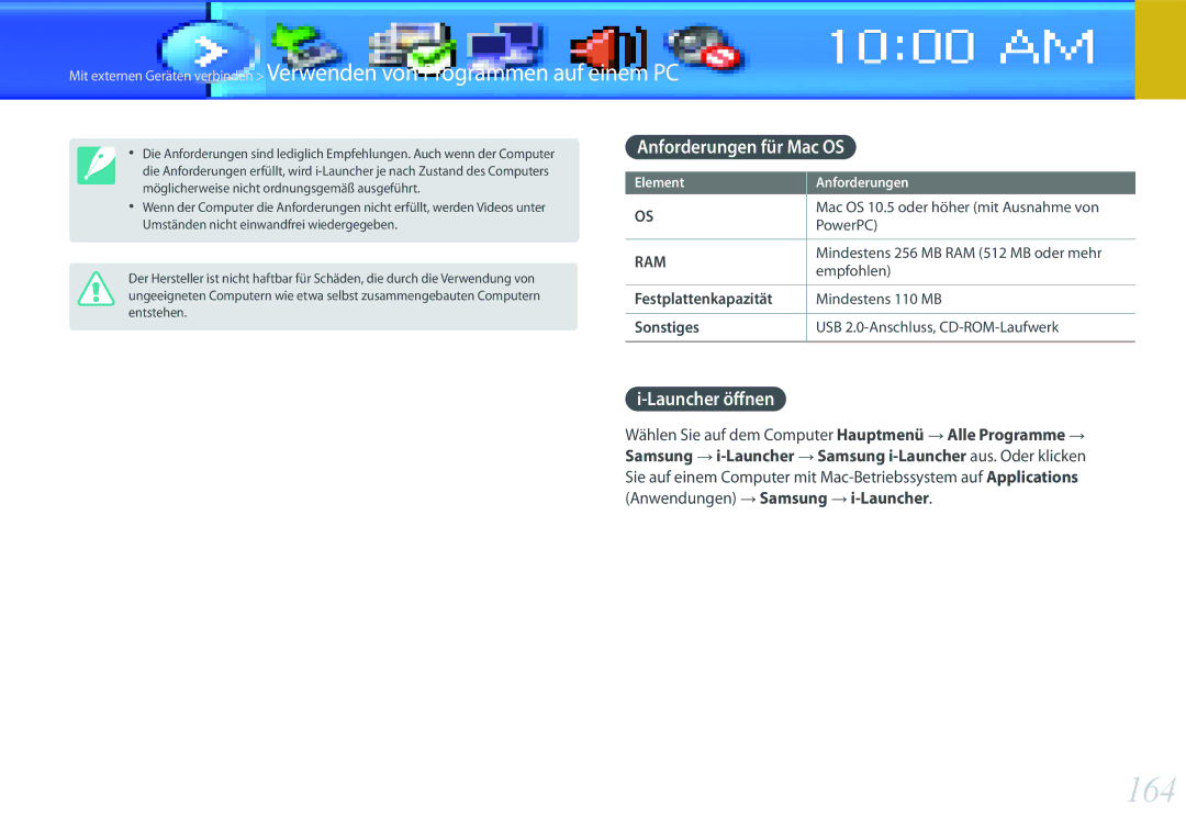 Samsung EV-NX300MBMVDE, EV-NX300MBQUDE, EV-NX300MBSTDE 164, Anforderungen für Mac OS, Launcher öffnen, Festplattenkapazität 