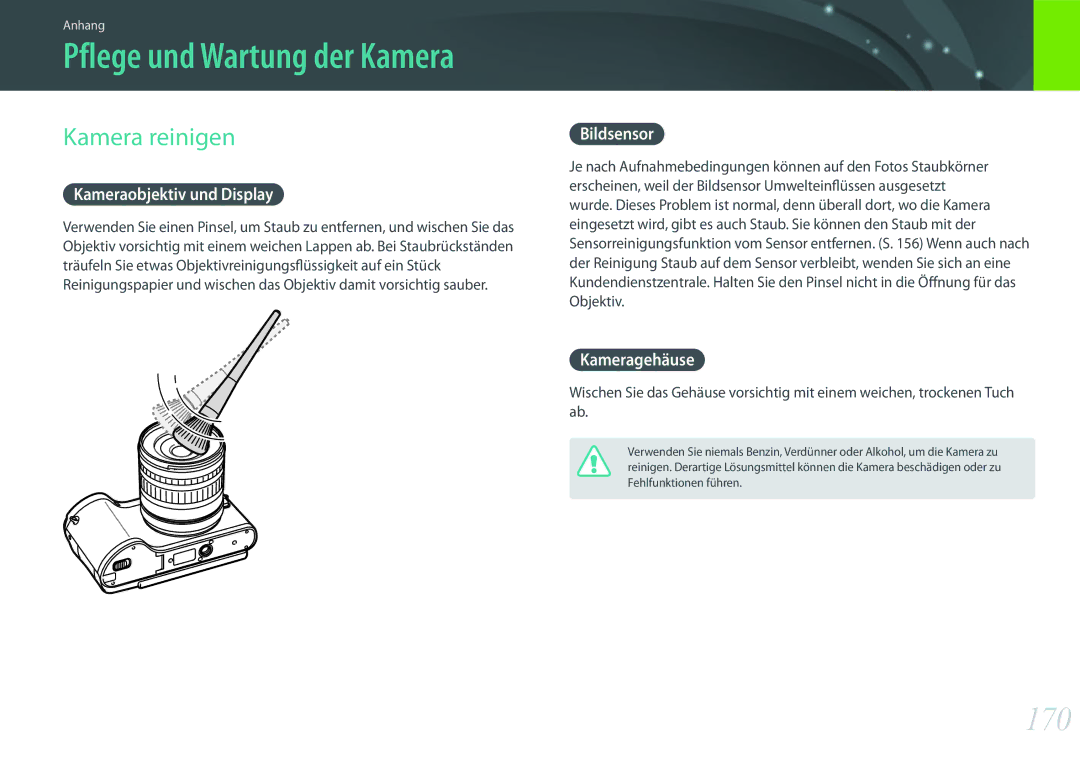Samsung EV-NX300MBMTDE, EV-NX300MBQUDE manual 170, Kamera reinigen, Kameraobjektiv und Display, Bildsensor, Kameragehäuse 