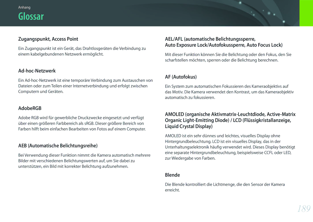 Samsung EV-NX300MBSTDE, EV-NX300MBQUDE, EV-NX300MBMUDE, EV-NX300MBMTDE, EV-NX300MBMVDE, EV-NX300MBUTDE manual Glossar, 189 