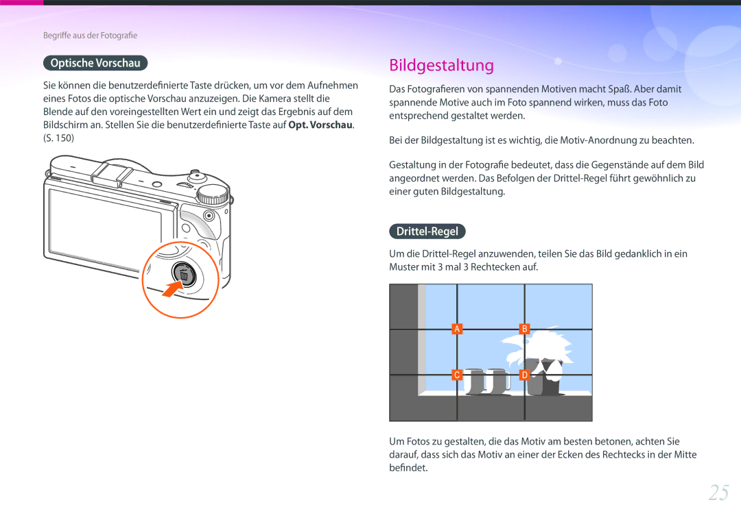 Samsung EV-NX300MBUTDE, EV-NX300MBQUDE, EV-NX300MBSTDE, EV-NX300MBMUDE, EV-NX300MBMTDE manual Optische Vorschau, Drittel-Regel 