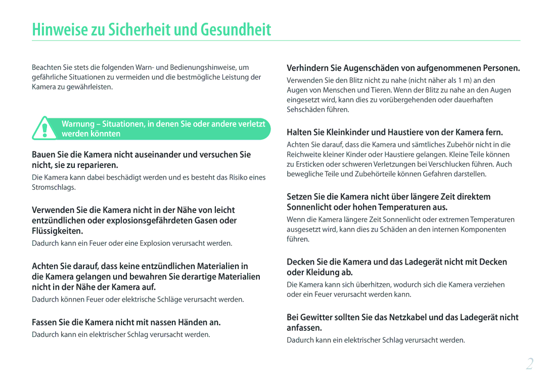 Samsung EV-NX300MBMTDE manual Hinweise zu Sicherheit und Gesundheit, Fassen Sie die Kamera nicht mit nassen Händen an 