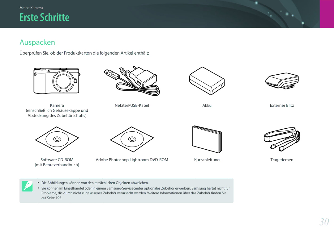 Samsung EV-NX300MBMTDE Erste Schritte, Auspacken, Netzteil/USB-Kabel Akku, Adobe Photoshop Lightroom DVD-ROM Kurzanleitung 
