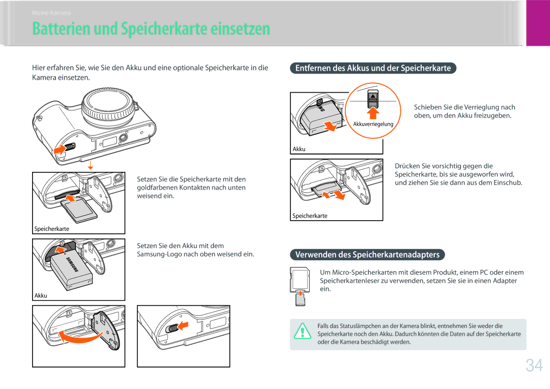 Samsung EV-NX300MBQUDE, EV-NX300MBSTDE Entfernen des Akkus und der Speicherkarte, Verwenden des Speicherkartenadapters 