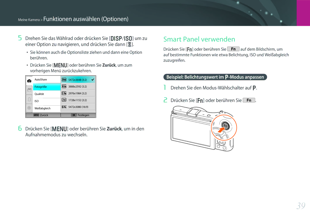 Samsung EV-NX300MBUTDE, EV-NX300MBQUDE, EV-NX300MBSTDE Smart Panel verwenden, Beispiel Belichtungswert im P-Modus anpassen 