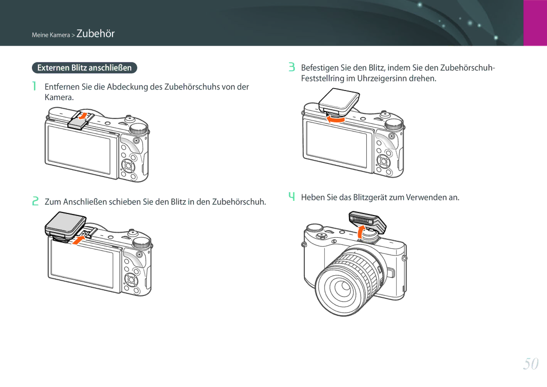 Samsung EV-NX300MBMUDE manual Externen Blitz anschließen, Zum Anschließen schieben Sie den Blitz in den Zubehörschuh 