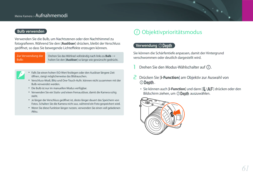 Samsung EV-NX300MBSVDE, EV-NX300MBQUDE, EV-NX300MBSTDE, EV-NX300MBMUDE Objektivprioritätsmodus, Bulb verwenden, Verwendung E 