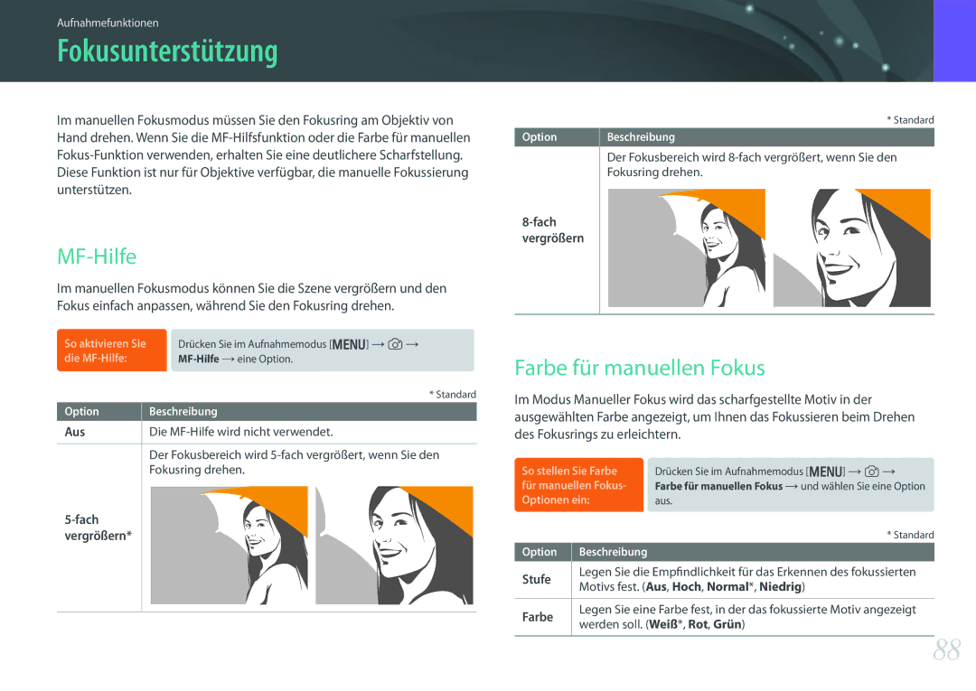 Samsung EV-NX300MBUTDE, EV-NX300MBQUDE, EV-NX300MBSTDE manual Fokusunterstützung, MF-Hilfe, Farbe für manuellen Fokus 