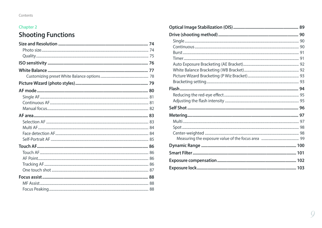 Samsung EV-NX300MBQUSA Shooting Functions, Chapter, Contents, Size and Resolution, ISO sensitivity, White Balance, AF mode 