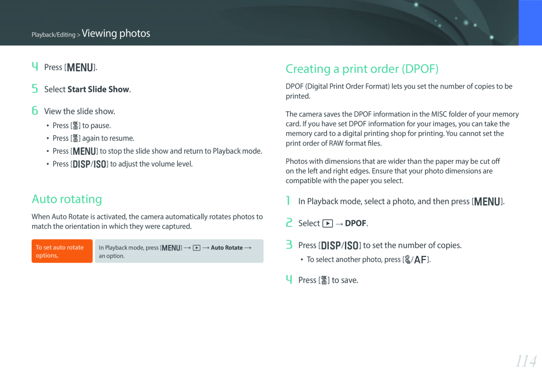 Samsung EV-NX300MBUTDE Auto rotating, Creating a print order DPOF, Press m, Select Start Slide Show, View the slide show 