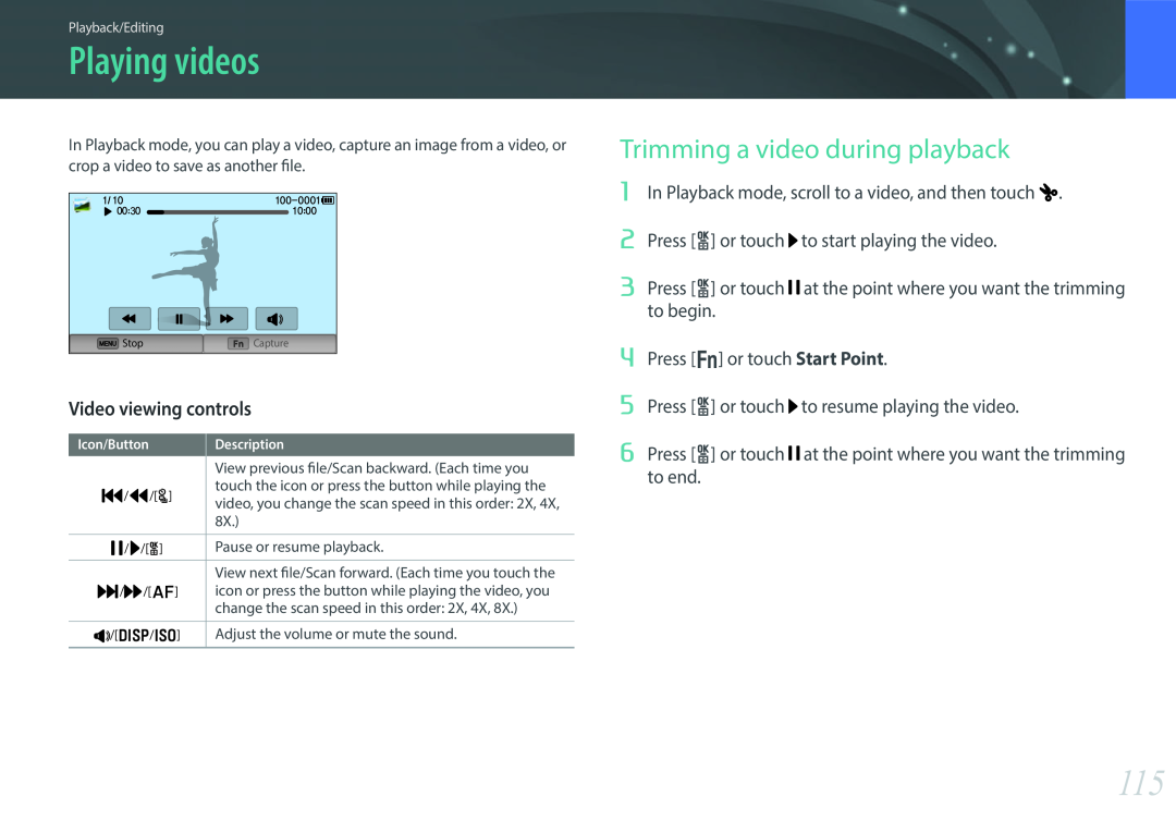 Samsung EV-NX300MBSVDE, EV-NX300MBQUDE manual Playing videos, Trimming a video during playback, Video viewing controls 
