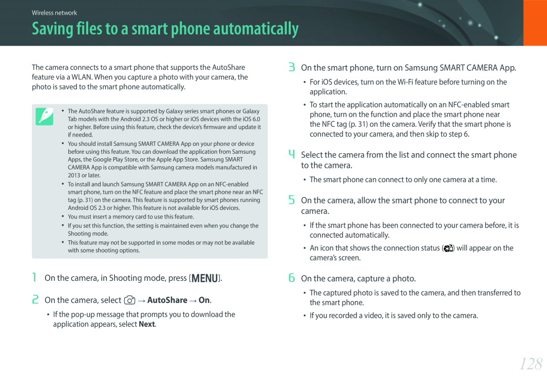 Samsung EV-NX300MBSVSE Saving files to a smart phone automatically, On the smart phone, turn on Samsung SMART CAMERA App 