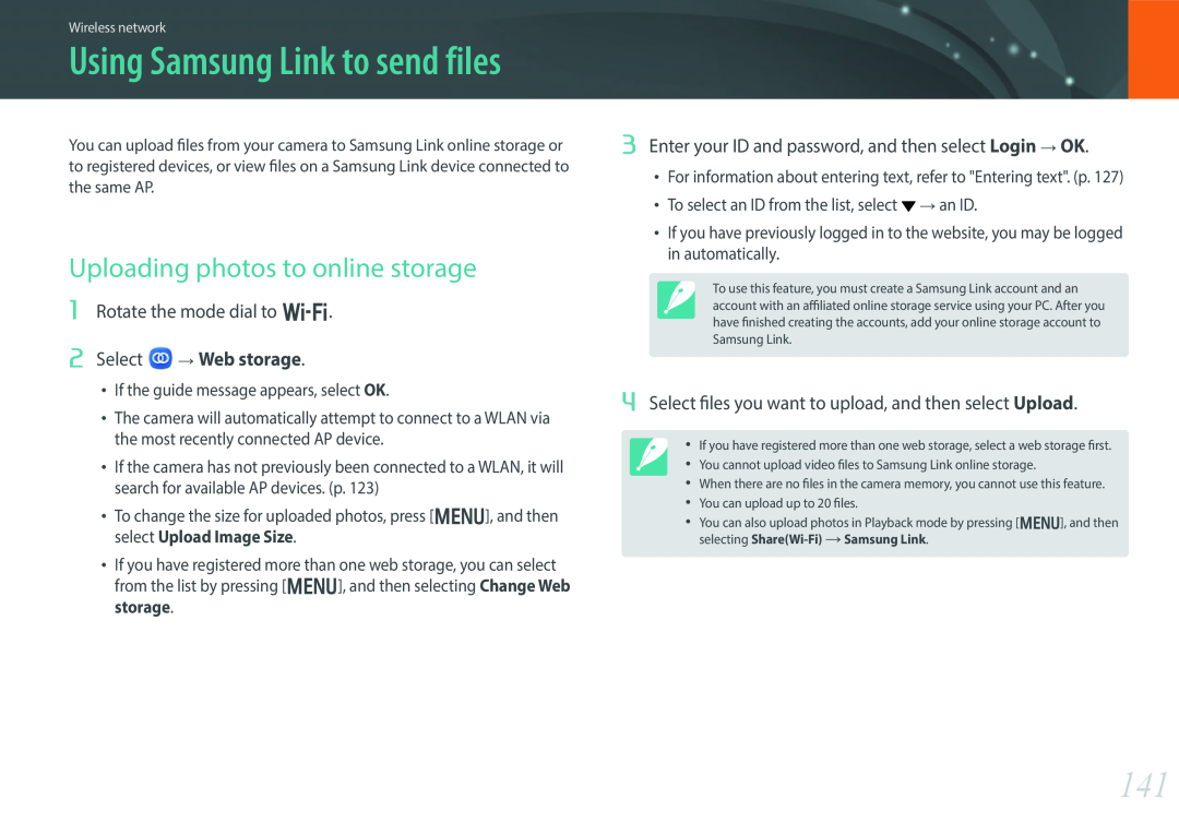 Samsung EV-NX300MBQUSA, EV-NX300MBQUDE manual Uploading photos to online storage, Rotate the mode dial to B, Select 