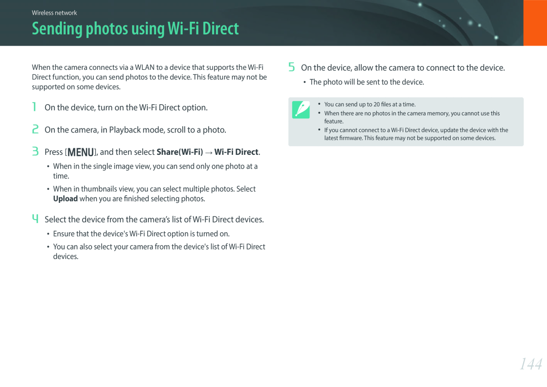 Samsung EV-NX300MBSTRU, EV-NX300MBQUDE Sending photos using Wi-Fi Direct, On the device, turn on the Wi-Fi Direct option 