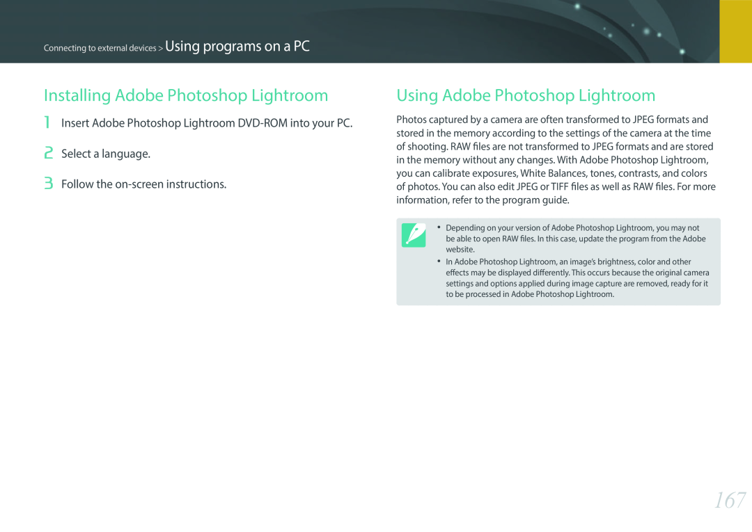 Samsung EV-NX300MBUTRU, EV-NX300MBQUDE manual Installing Adobe Photoshop Lightroom, Using Adobe Photoshop Lightroom 