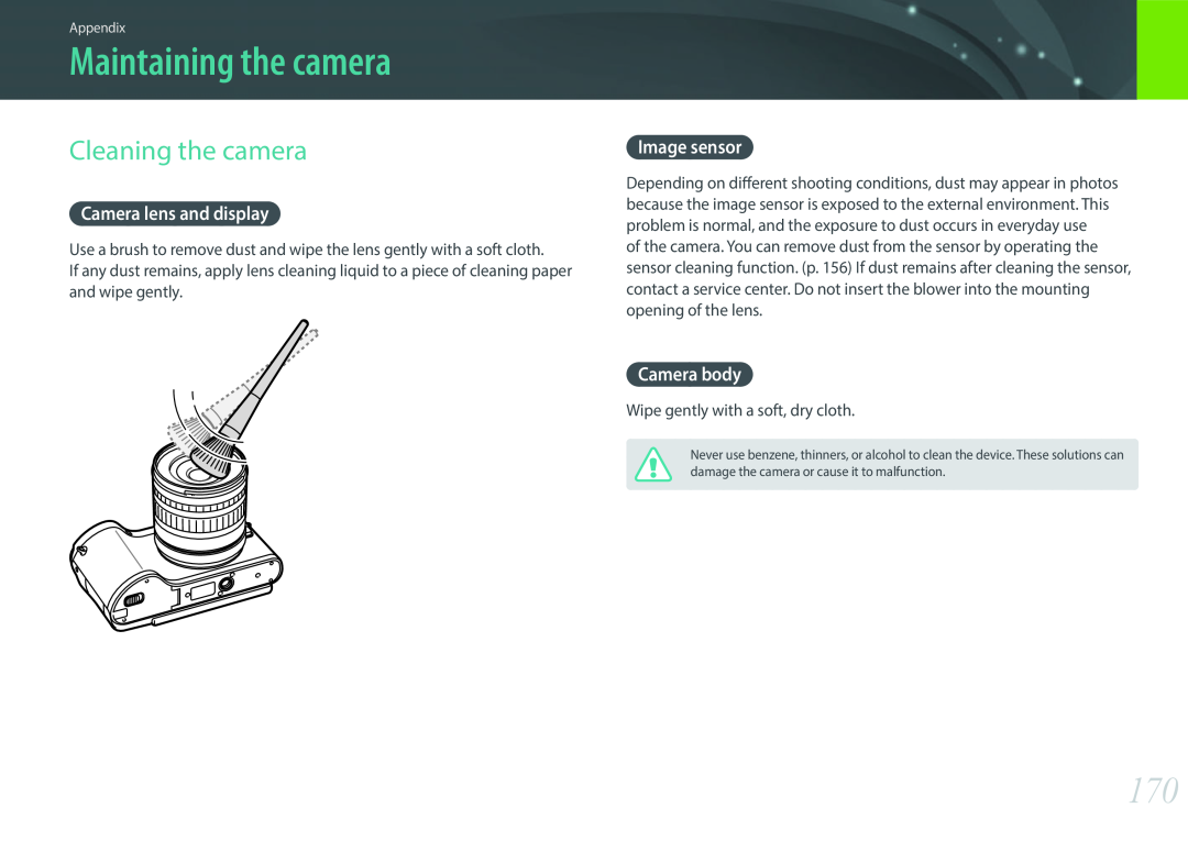 Samsung EV-NX300MBUTSA Maintaining the camera, Cleaning the camera, Camera lens and display, Image sensor, Camera body 