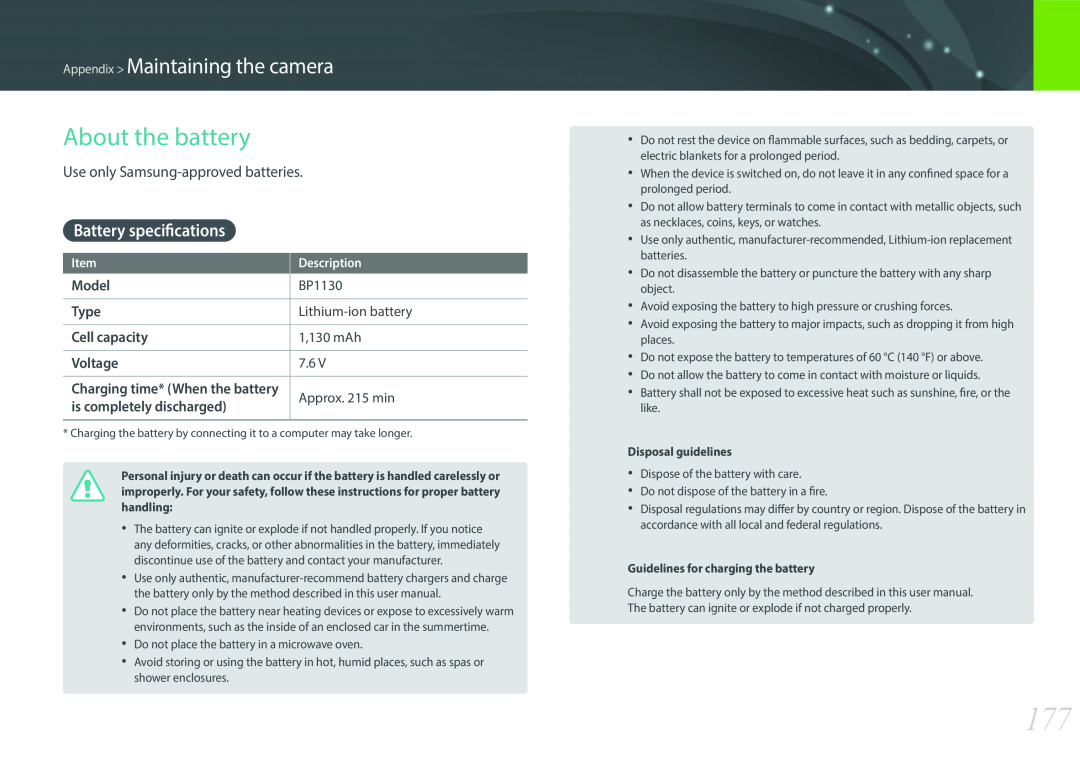 Samsung EV-NX300MBMUDE manual About the battery, Battery specifications, Appendix Maintaining the camera, Description 